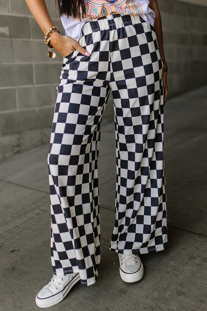 Checkered Wide Leg High Waist Pants - Klazzi Fashion Boutique