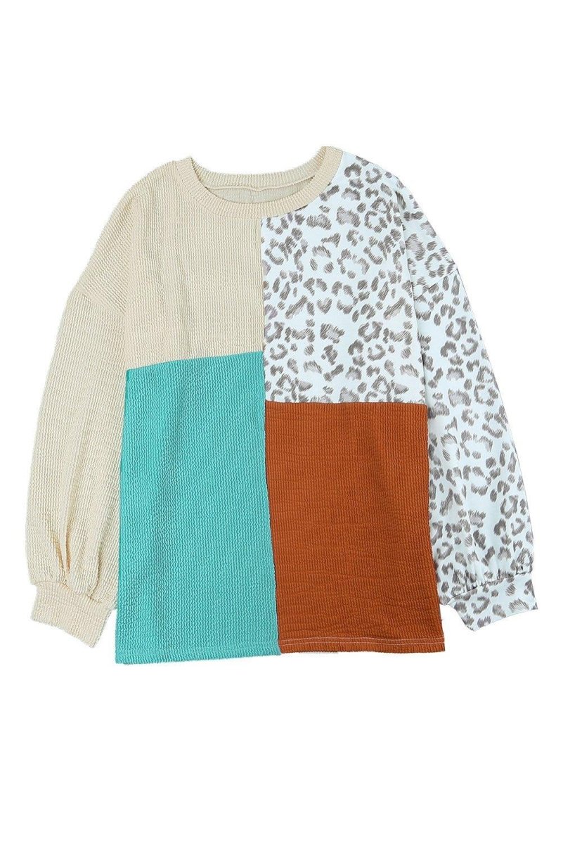 Cheetah Creme Color Block Long Sleeve Top - Klazzi Fashion Boutique