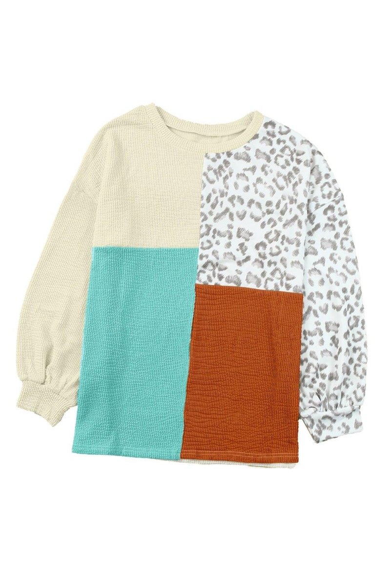 Cheetah Creme Color Block Long Sleeve Top - Klazzi Fashion Boutique