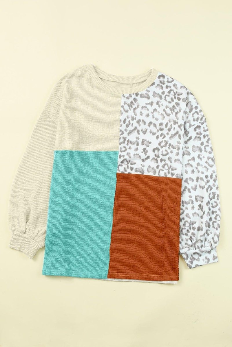 Cheetah Creme Color Block Long Sleeve Top - Klazzi Fashion Boutique