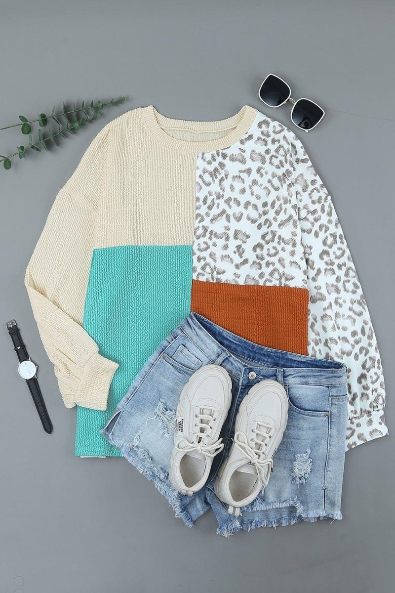 Cheetah Creme Color Block Long Sleeve Top - Klazzi Fashion Boutique