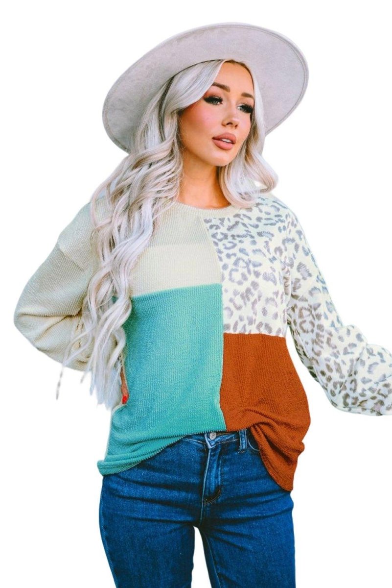 Cheetah Creme Color Block Long Sleeve Top - Klazzi Fashion Boutique