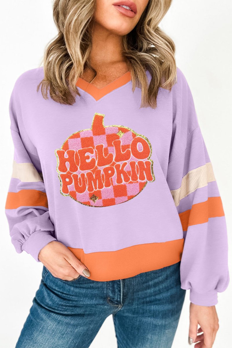 Chenille "HELLO PUMPKIN" Graphic Sweatshirt - Klazzi Fashion Boutique