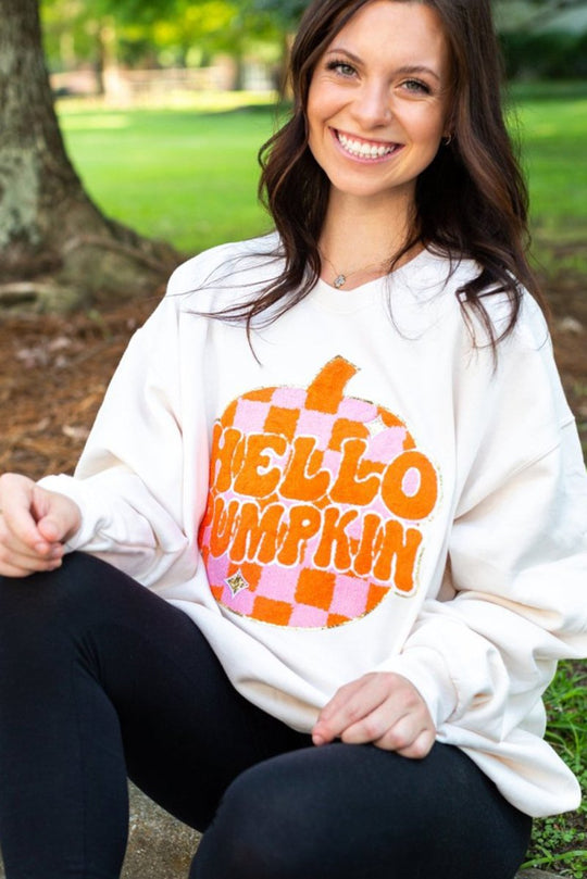 Chenille "HELLO PUMPKIN" White Graphic Sweatshirt - Klazzi Fashion Boutique