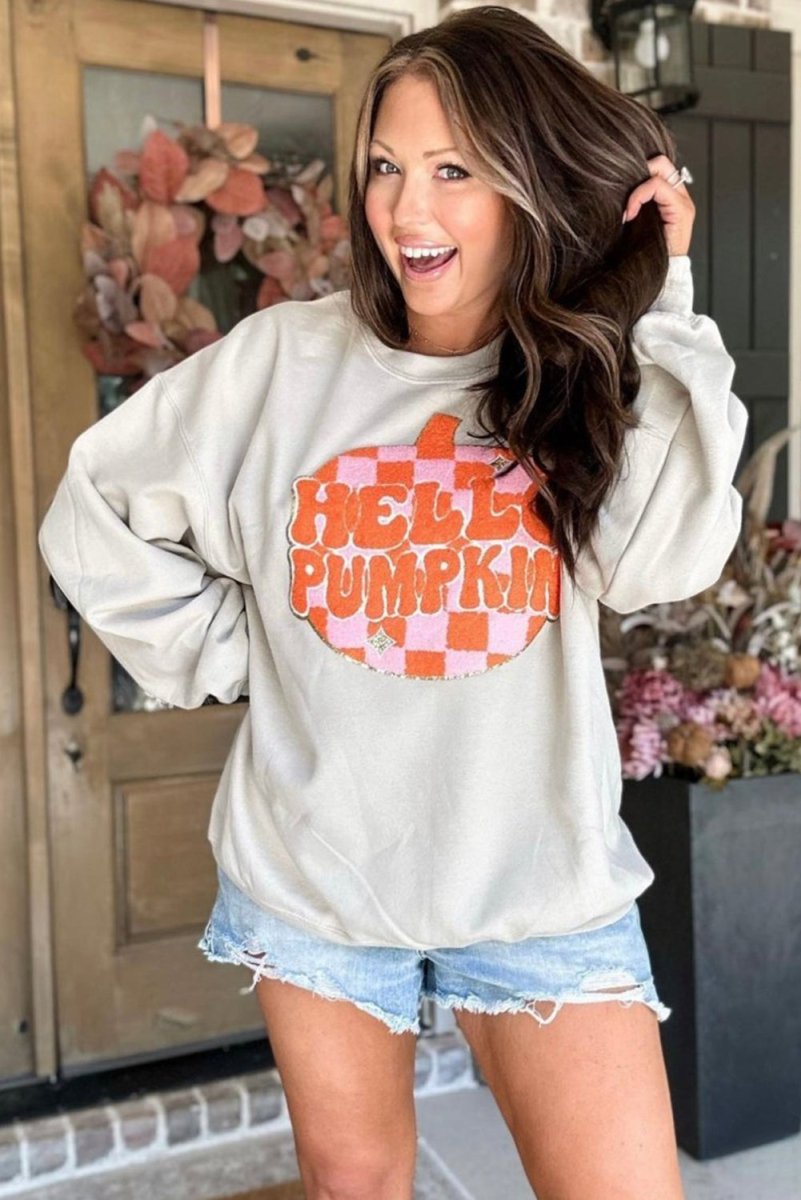 Chenille "HELLO PUMPKIN" White Graphic Sweatshirt - Klazzi Fashion Boutique