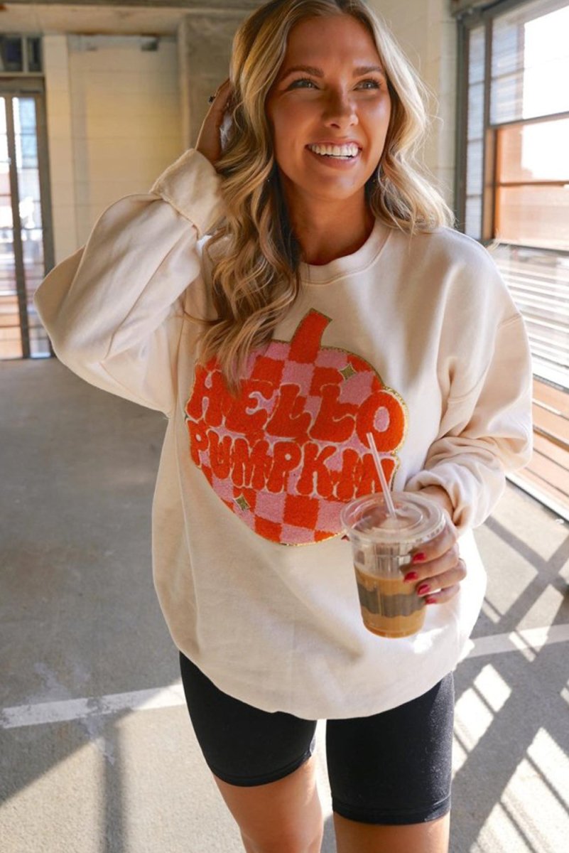 Chenille "HELLO PUMPKIN" White Graphic Sweatshirt - Klazzi Fashion Boutique