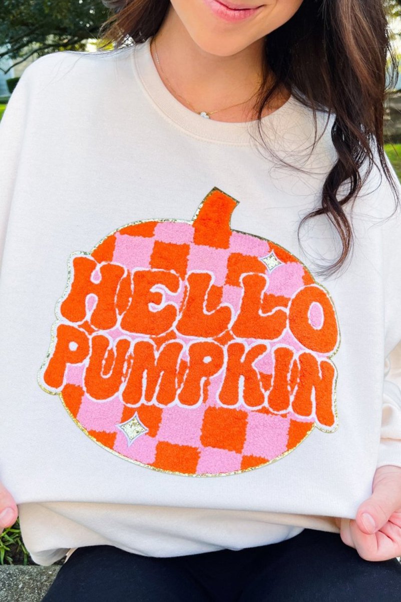 Chenille "HELLO PUMPKIN" White Graphic Sweatshirt - Klazzi Fashion Boutique