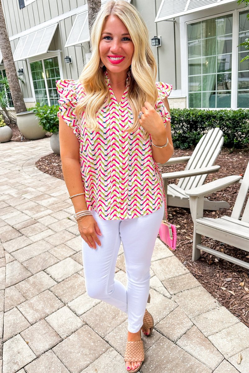 Chevron Ruffled Multicolor Fuchsia Blouse - Klazzi Fashion Boutique