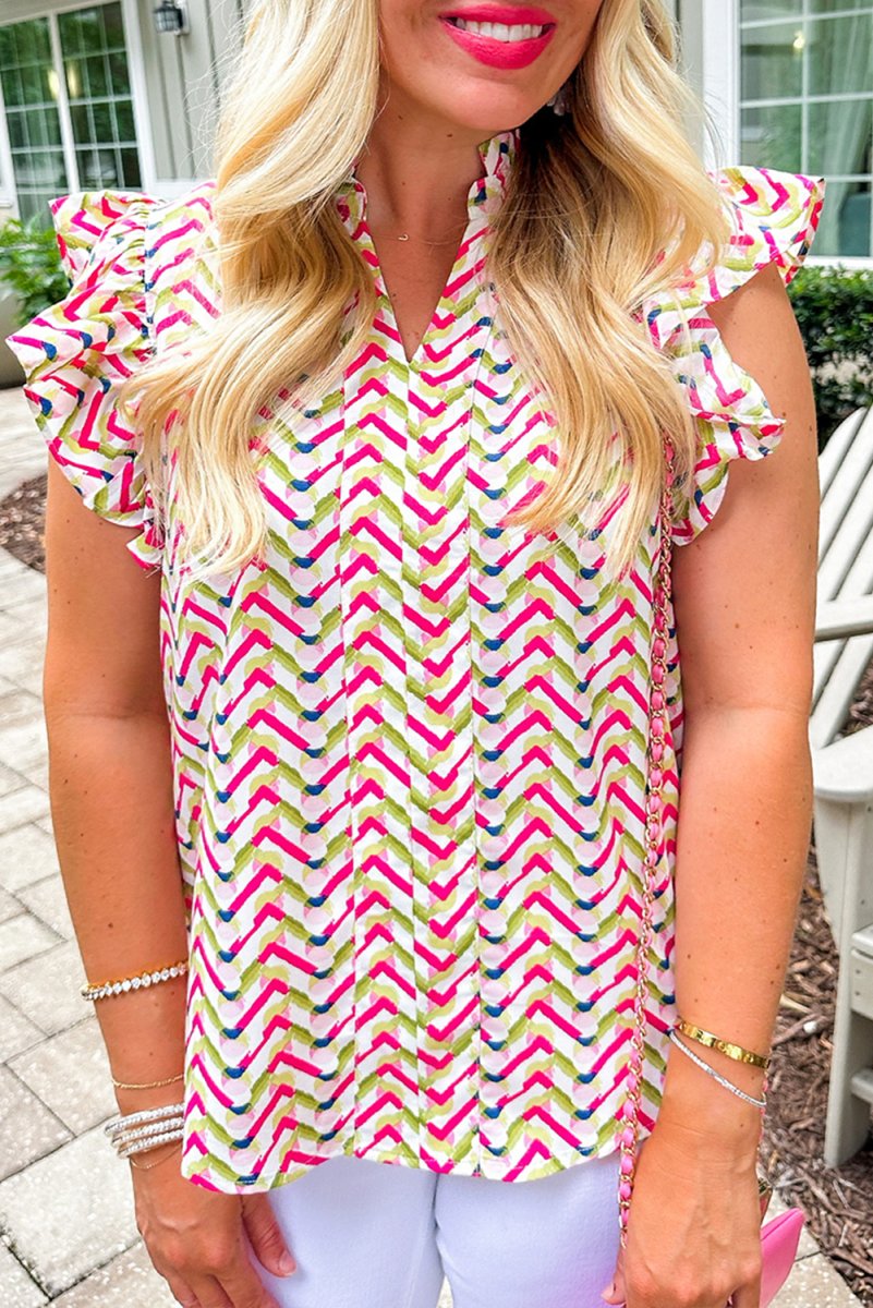 Chevron Ruffled Multicolor Fuchsia Blouse - Klazzi Fashion Boutique