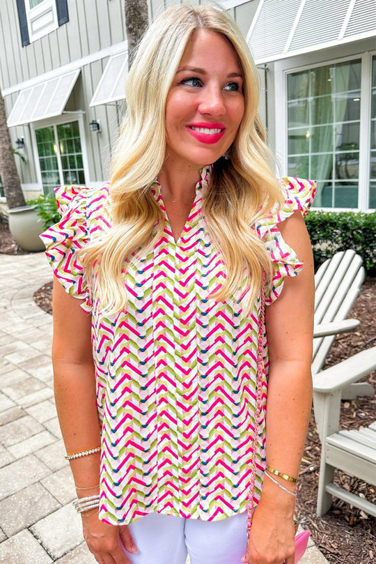 Chevron Ruffled Multicolor Fuchsia Blouse - Klazzi Fashion Boutique