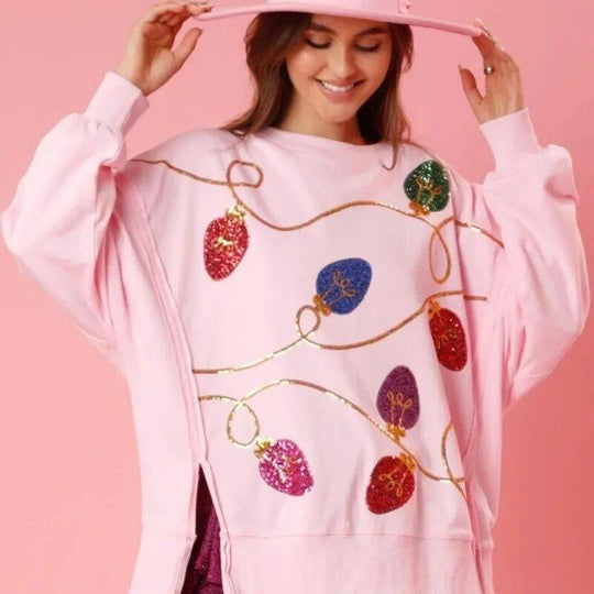 Chic Christmas Lights Sequins Oversized Sweatshirt - Klazzi Fashion Boutique