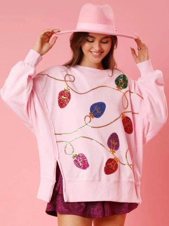 Chic Christmas Lights Sequins Oversized Sweatshirt - Klazzi Fashion Boutique