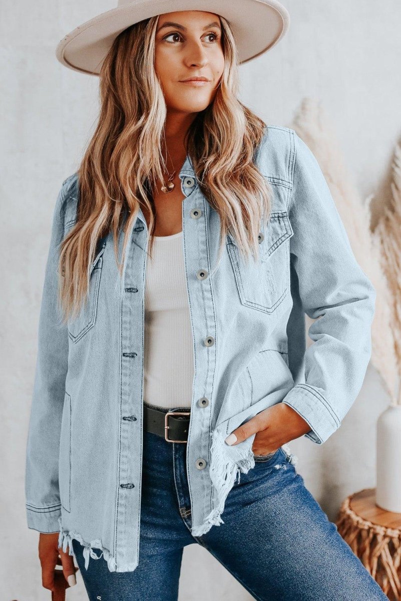 Chloe Light Denim Distressed Denim Jacket - Klazzi Fashion Boutique