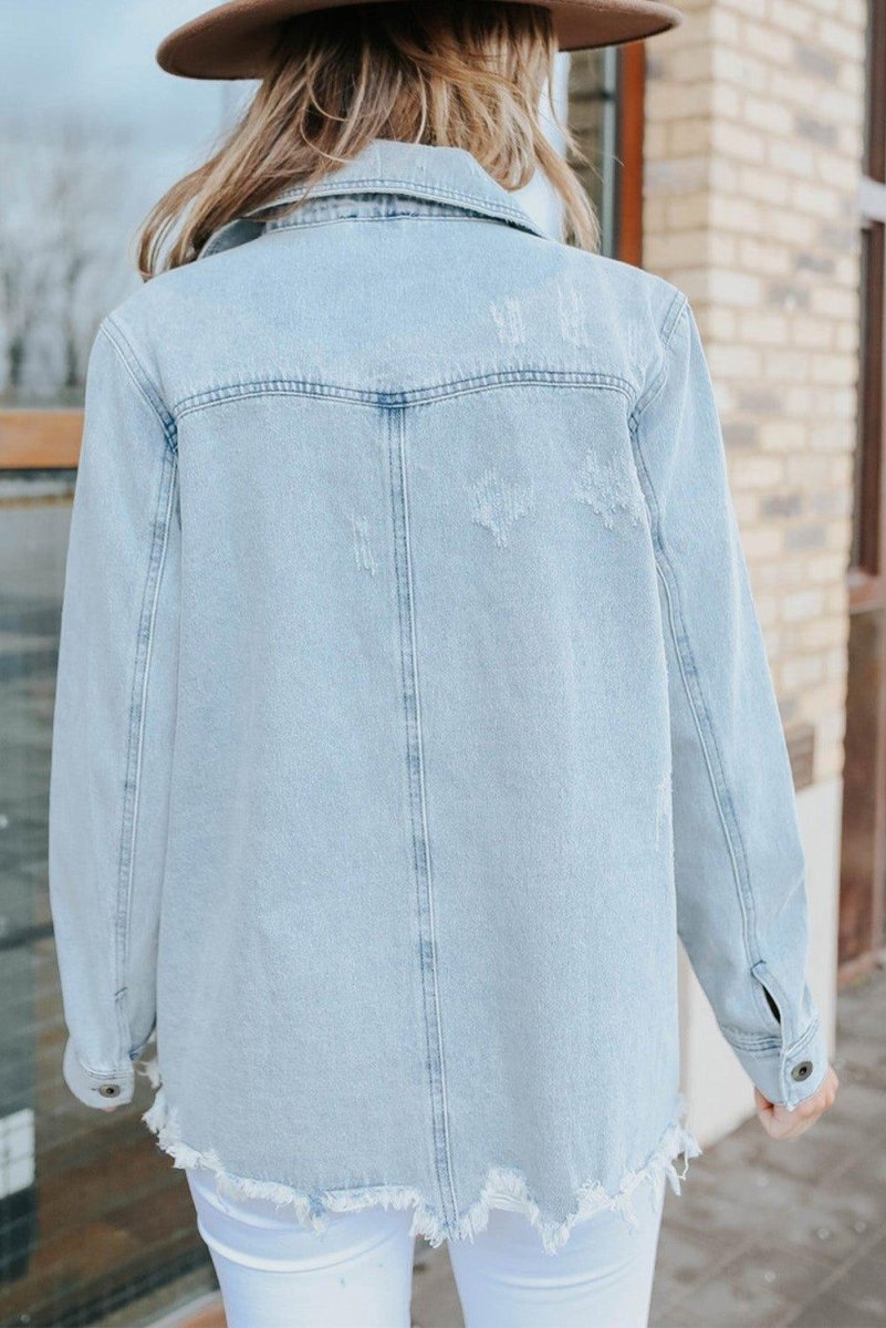 Chloe Light Denim Distressed Denim Jacket - Klazzi Fashion Boutique