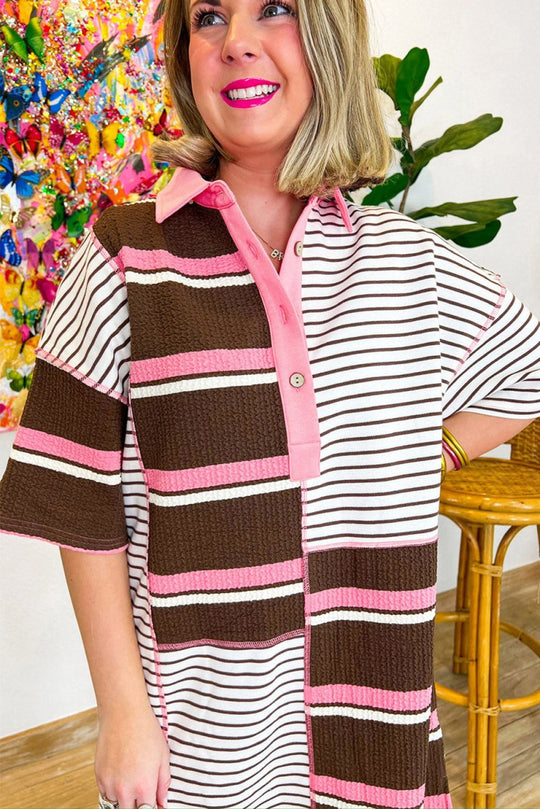 Chocolate and Pink Striped T Shirt Dress - Klazzi Fashion Boutique