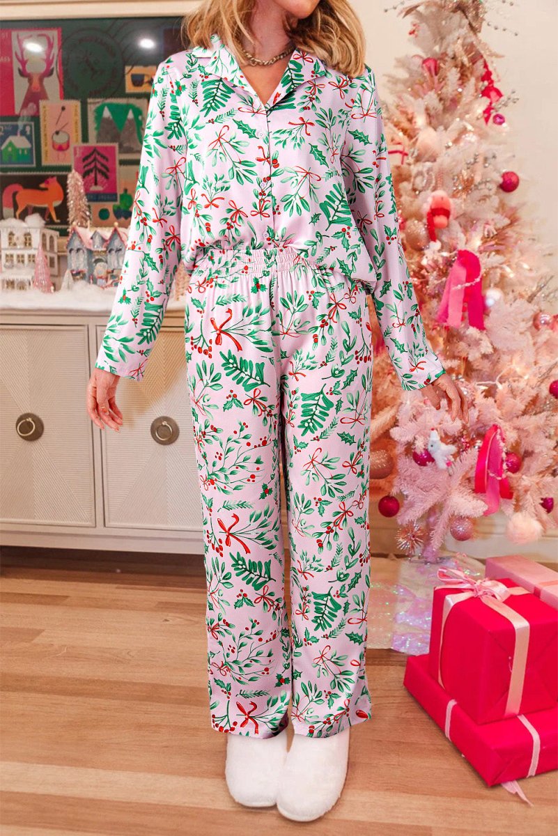 Christmas Berries Pink Satin Long Sleeve Pajama Set - Klazzi Fashion Boutique