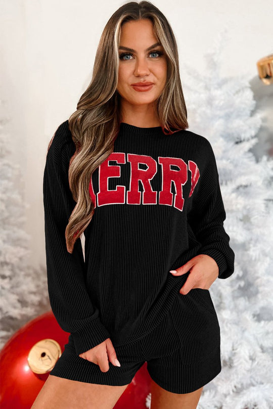 Christmas Corduroy "MERRY" Black Long Sleeve Shorts Set - Klazzi Fashion Boutique