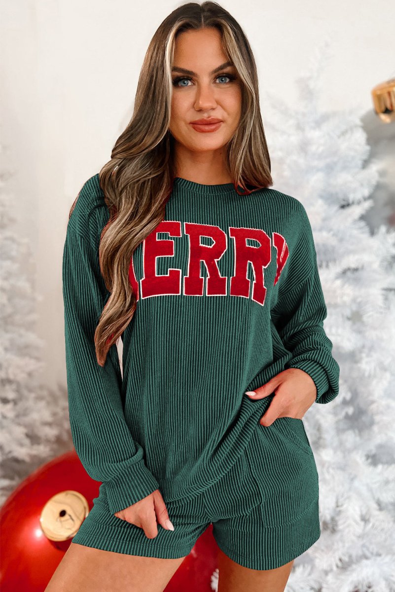 Christmas Corduroy "MERRY" Graphic Long Sleeve Shorts Set - Klazzi Fashion Boutique