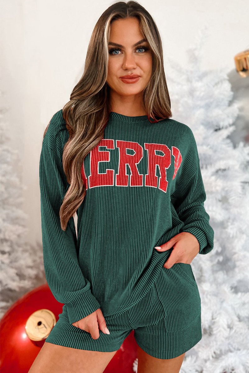 Christmas Corduroy "MERRY" Graphic Long Sleeve Shorts Set - Klazzi Fashion Boutique