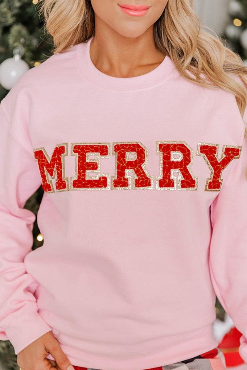 Christmas Graphic Pink "Merry" Sweatshirt - Klazzi Fashion Boutique