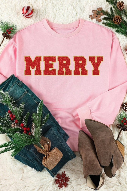 Christmas Graphic Pink "Merry" Sweatshirt - Klazzi Fashion Boutique