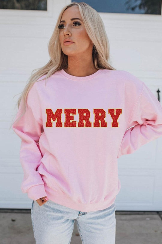 Christmas Graphic Pink "Merry" Sweatshirt - Klazzi Fashion Boutique