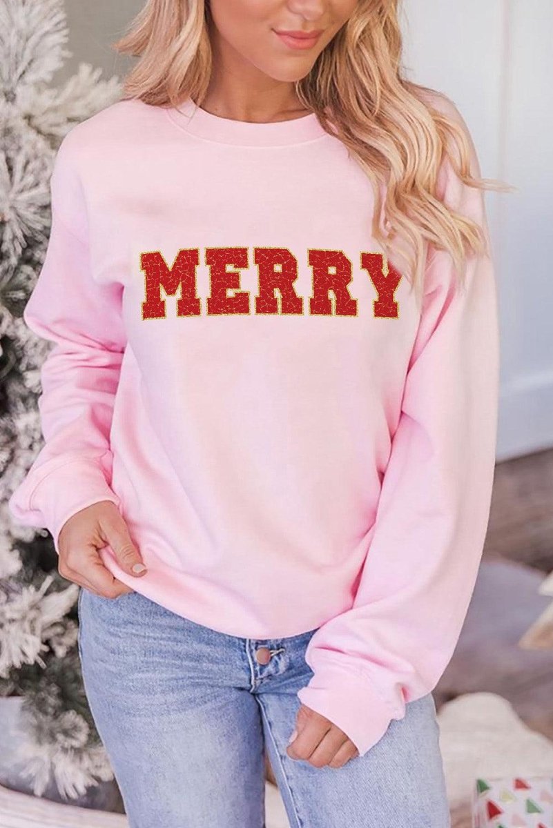 Christmas Graphic Pink "Merry" Sweatshirt - Klazzi Fashion Boutique