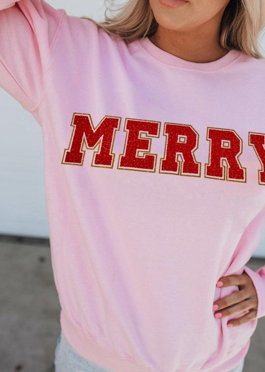 Christmas Graphic Pink "Merry" Sweatshirt - Klazzi Fashion Boutique