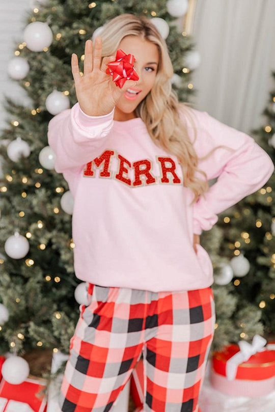 Christmas Graphic Pink "Merry" Sweatshirt - Klazzi Fashion Boutique