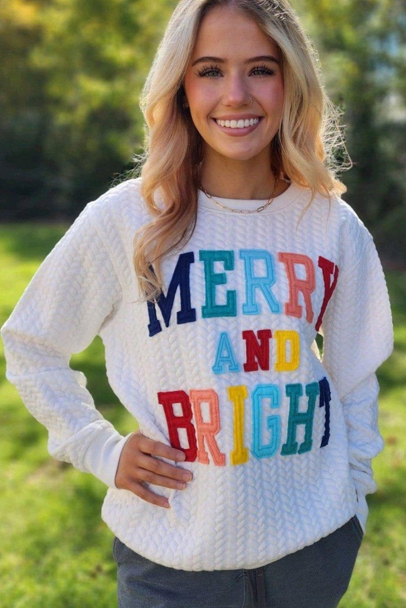 Christmas "Merry and Bright" Knit Sweatshirt - Klazzi Fashion Boutique