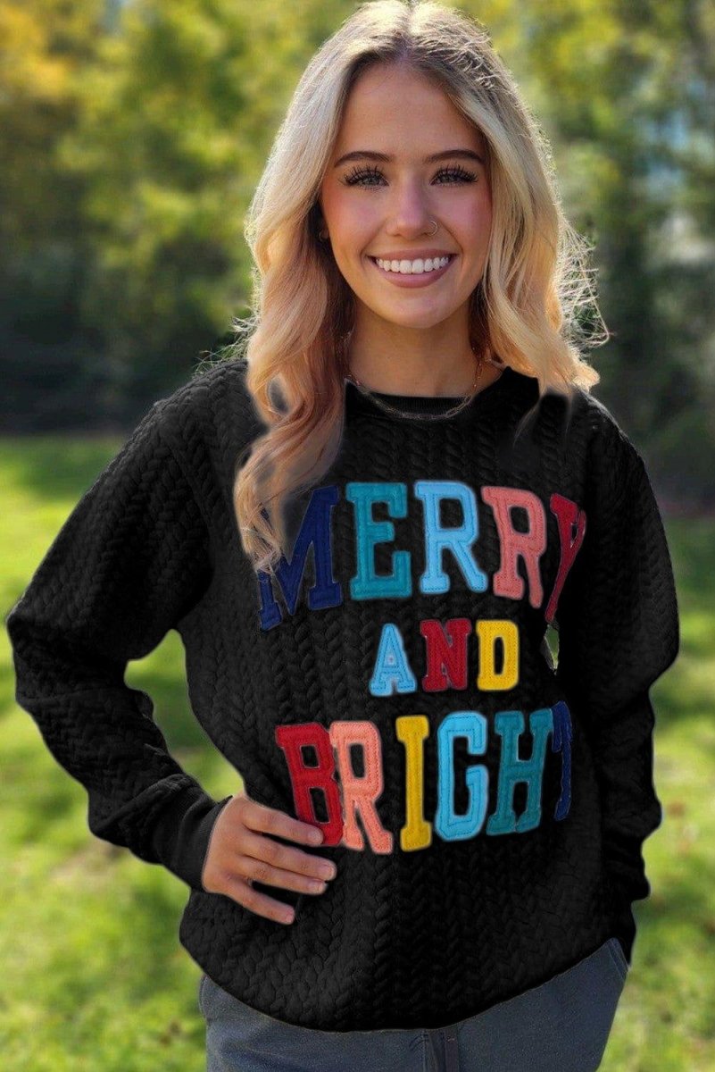 Christmas "Merry and Bright" Knit Sweatshirt - Klazzi Fashion Boutique