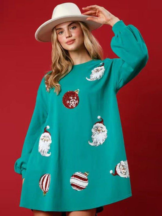 Christmas Ornament Long Sleeve Sequin Dress - Klazzi Fashion Boutique