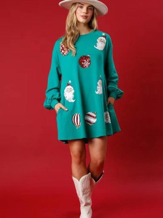 Christmas Ornament Long Sleeve Sequin Dress - Klazzi Fashion Boutique