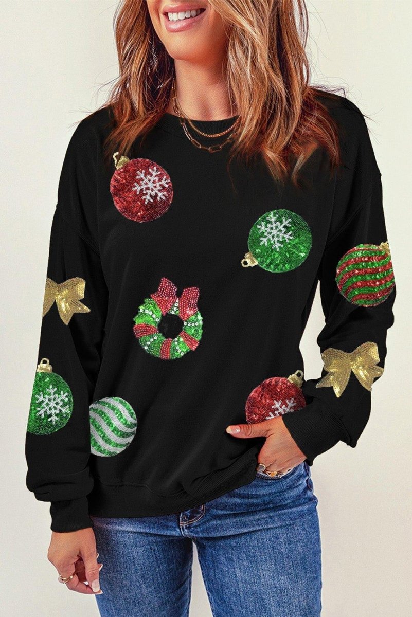 Christmas Ornaments Sequins Graphic Sweatshirt - Klazzi Fashion Boutique