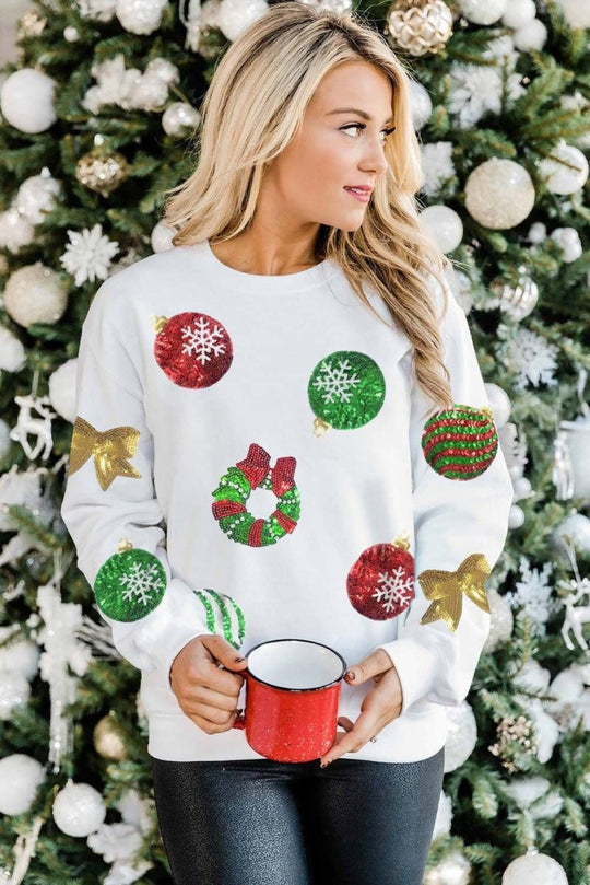 Christmas Ornaments Sequins Graphic Sweatshirt - Klazzi Fashion Boutique