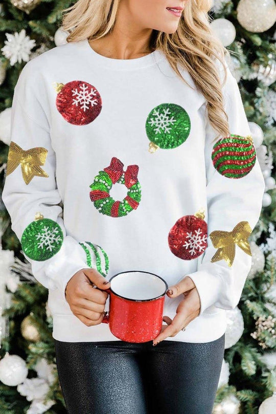 Christmas Ornaments Sequins Graphic Sweatshirt - Klazzi Fashion Boutique