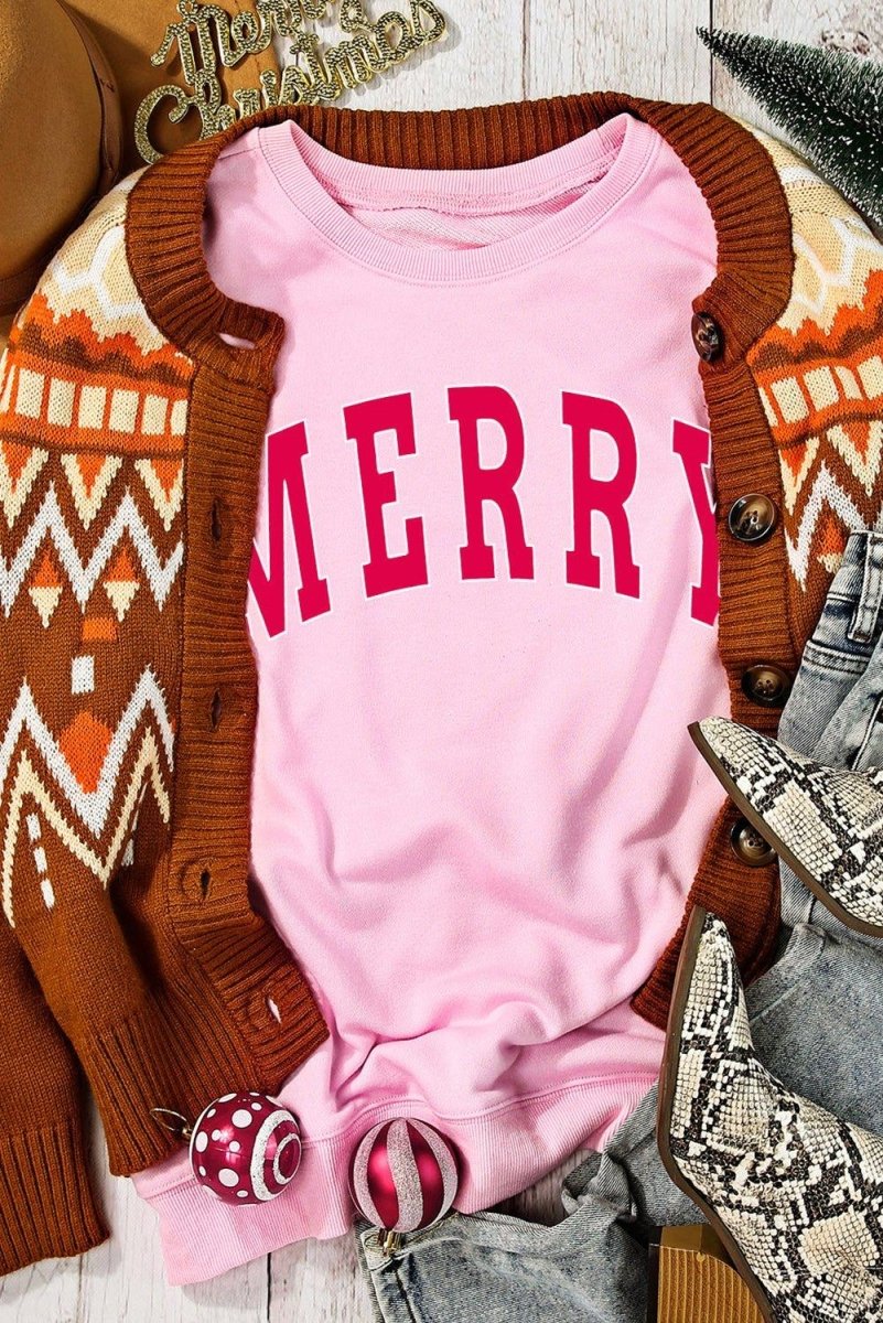 Christmas Pink MERRY Sweatshirt - Klazzi Fashion Boutique