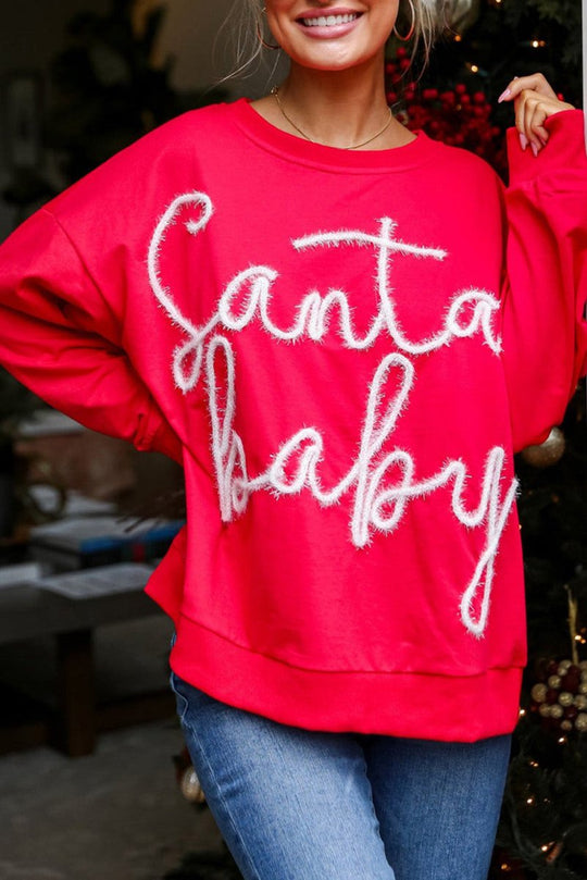 Christmas "Santa Baby" Tinsel Graphic Sweatshirt - Klazzi Fashion Boutique