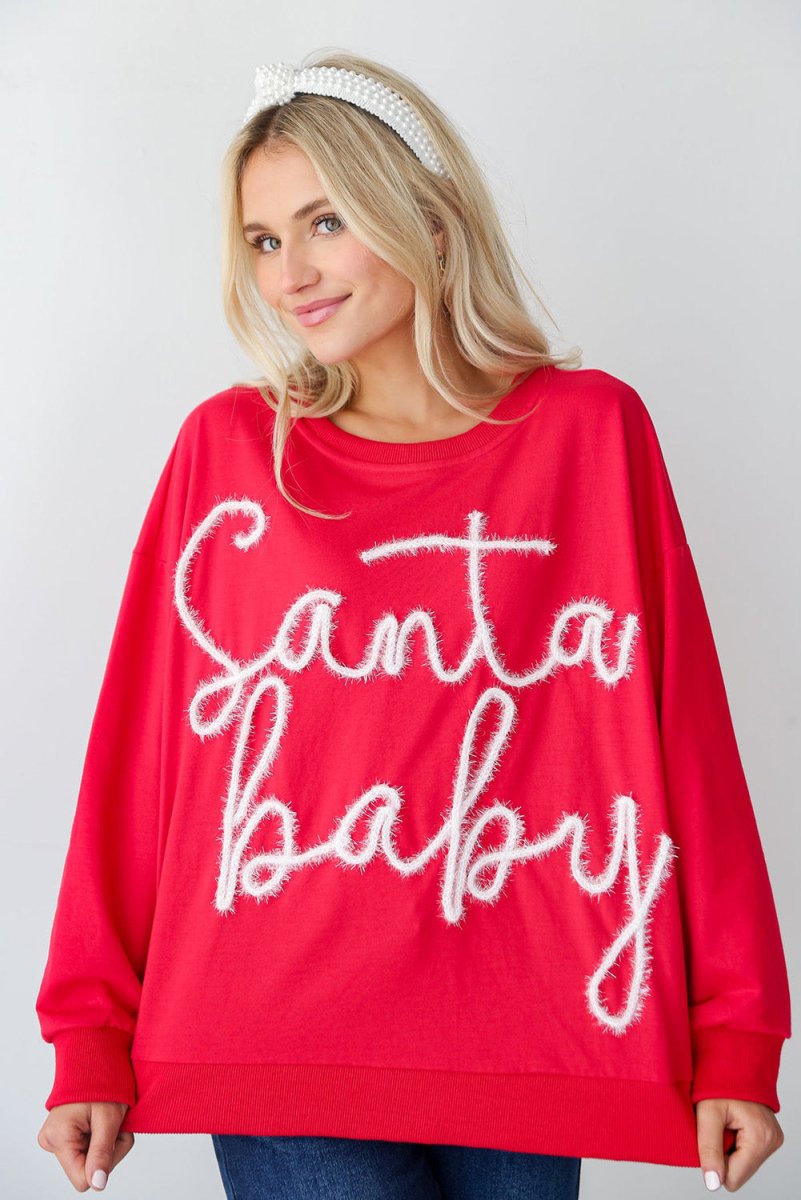 Christmas "Santa Baby" Tinsel Graphic Sweatshirt - Klazzi Fashion Boutique