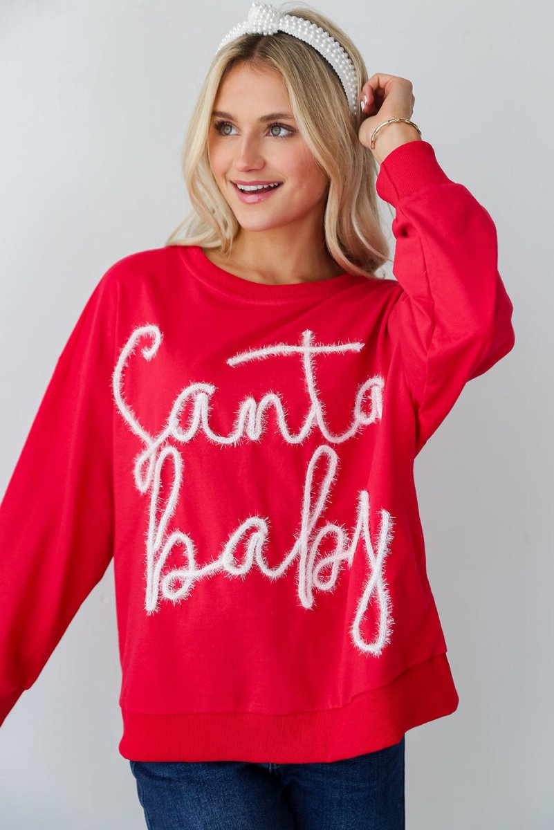 Christmas "Santa Baby" Tinsel Graphic Sweatshirt - Klazzi Fashion Boutique