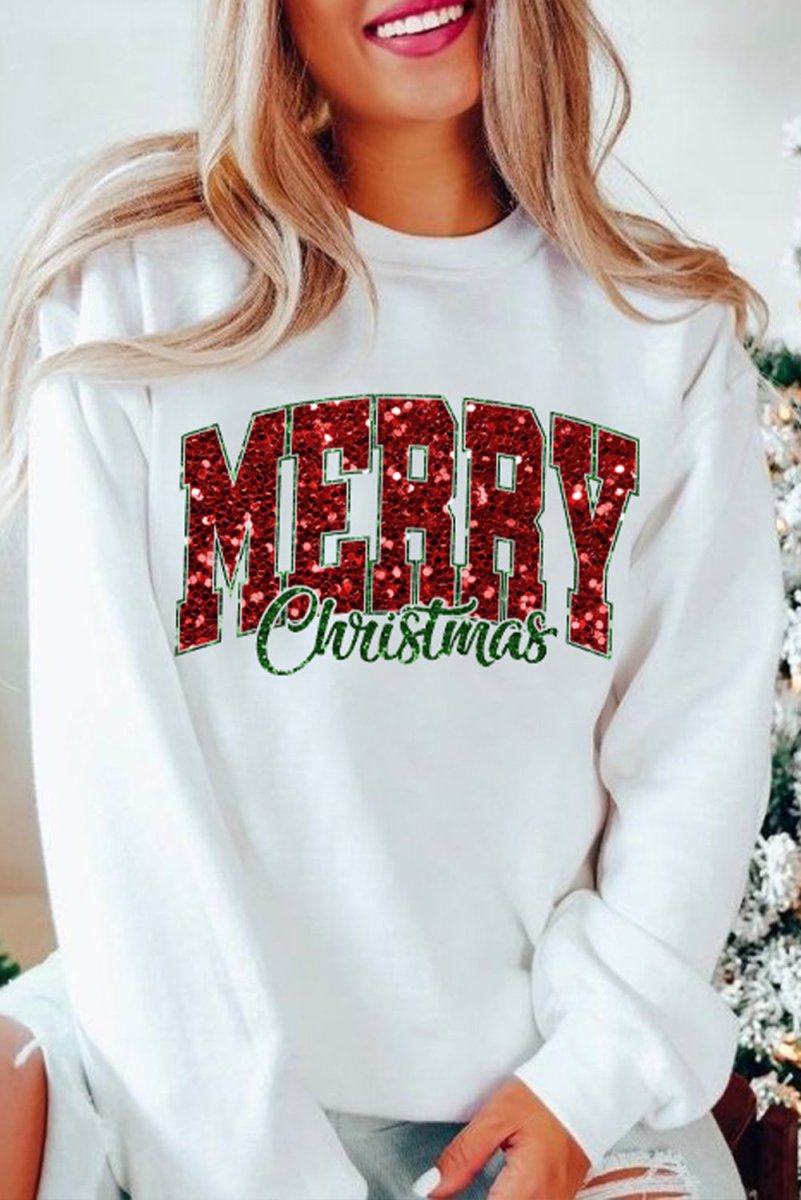 Christmas Sequins "Merry" Graphic Sweatshirt - Klazzi Fashion Boutique