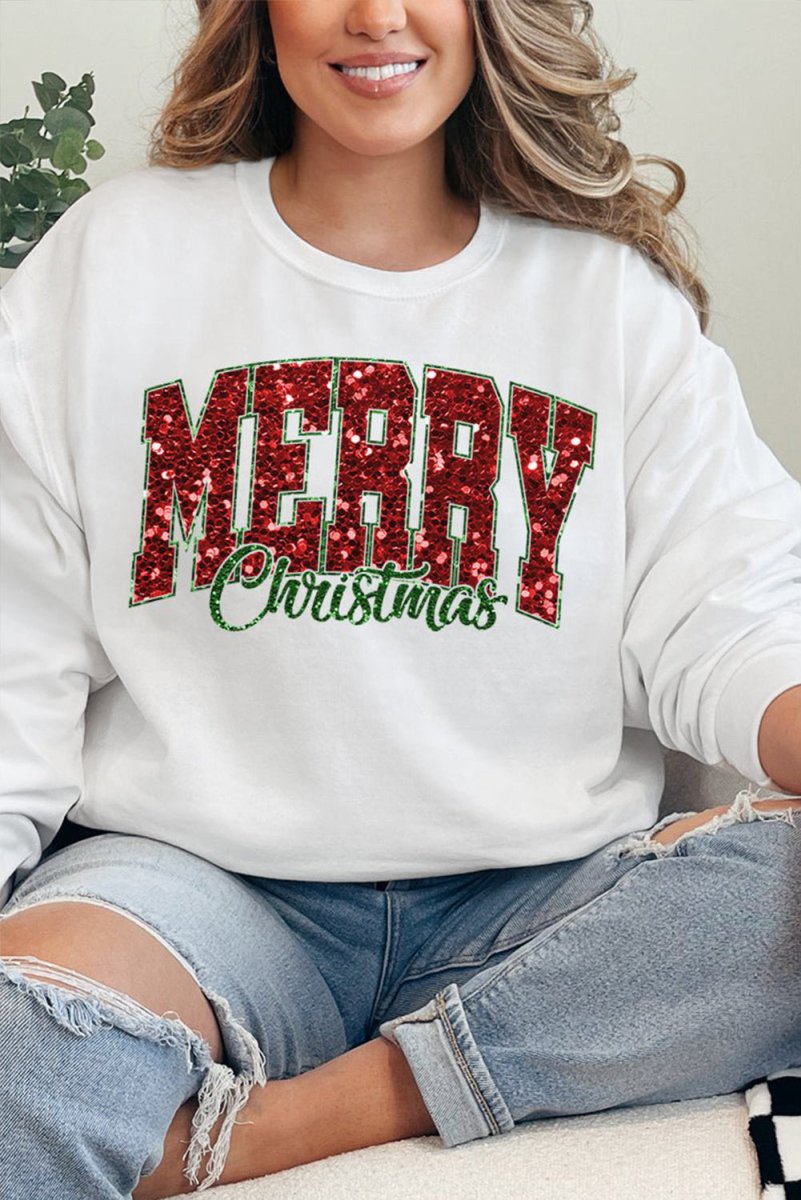 Christmas Sequins "Merry" Graphic Sweatshirt - Klazzi Fashion Boutique