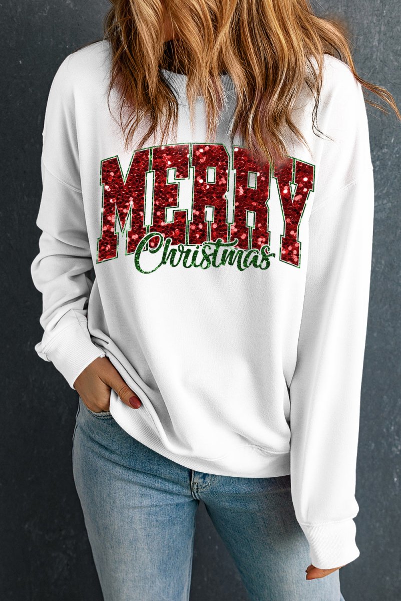 Christmas Sequins "Merry" Graphic Sweatshirt - Klazzi Fashion Boutique