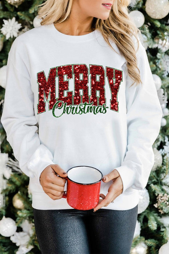 Christmas Sequins "Merry" Graphic Sweatshirt - Klazzi Fashion Boutique