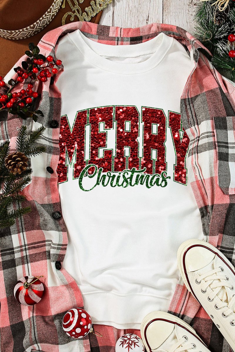 Christmas Sequins "Merry" Graphic Sweatshirt - Klazzi Fashion Boutique