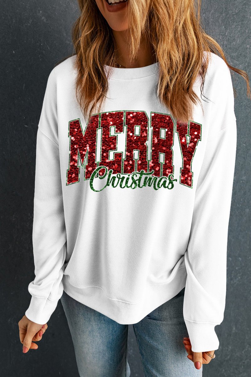 Christmas Sequins "Merry" Graphic Sweatshirt - Klazzi Fashion Boutique