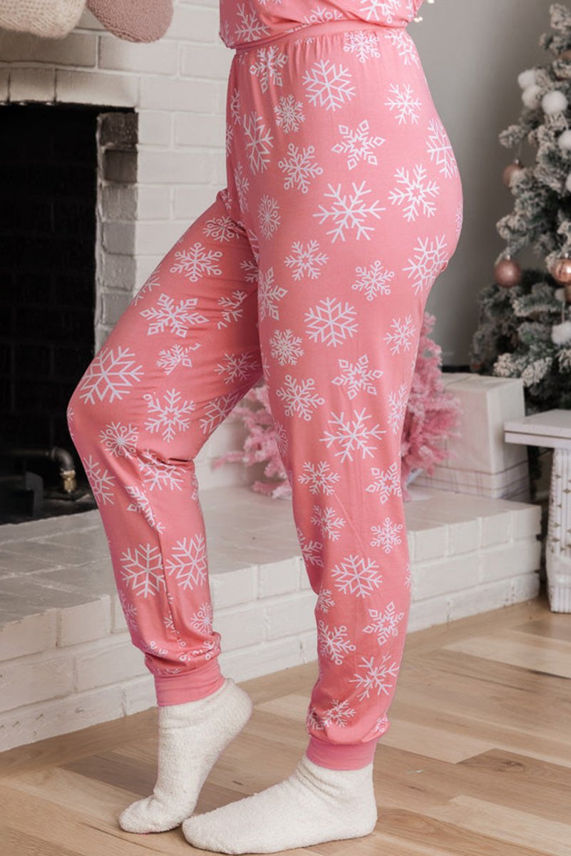 Christmas Snowflake Pink Two Piece Loungewear Set - Klazzi Fashion Boutique