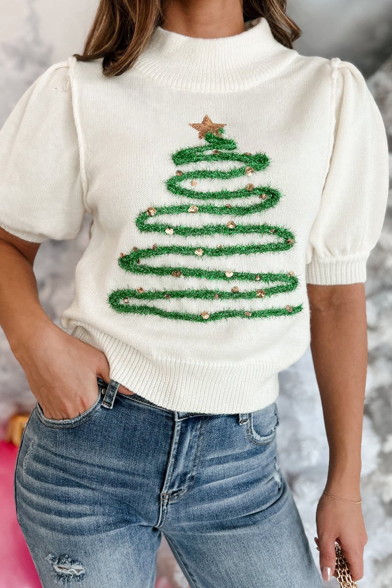 Christmas Tree Tinsel Graphic Puff Sweater Blouse - Klazzi Fashion Boutique