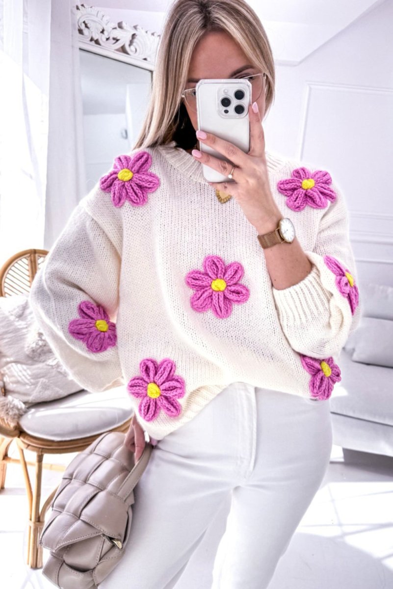 Chunky Floral Crochet Knit Sweater - Klazzi Fashion Boutique