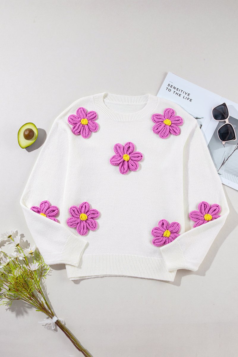 Chunky Floral Crochet Knit Sweater - Klazzi Fashion Boutique